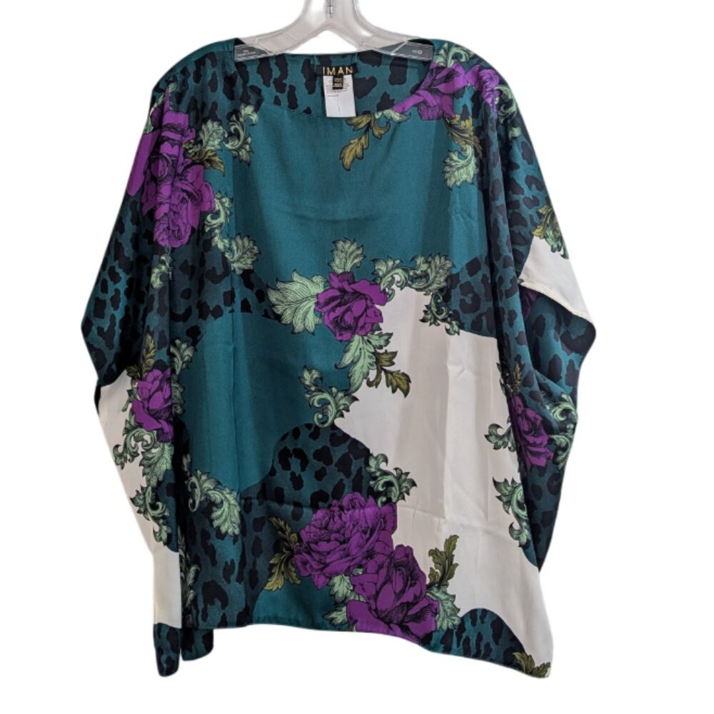 IMAN Nwt Reversible Global Chic Poncho Top XS/S Oversized Satin Fabric Cheetah